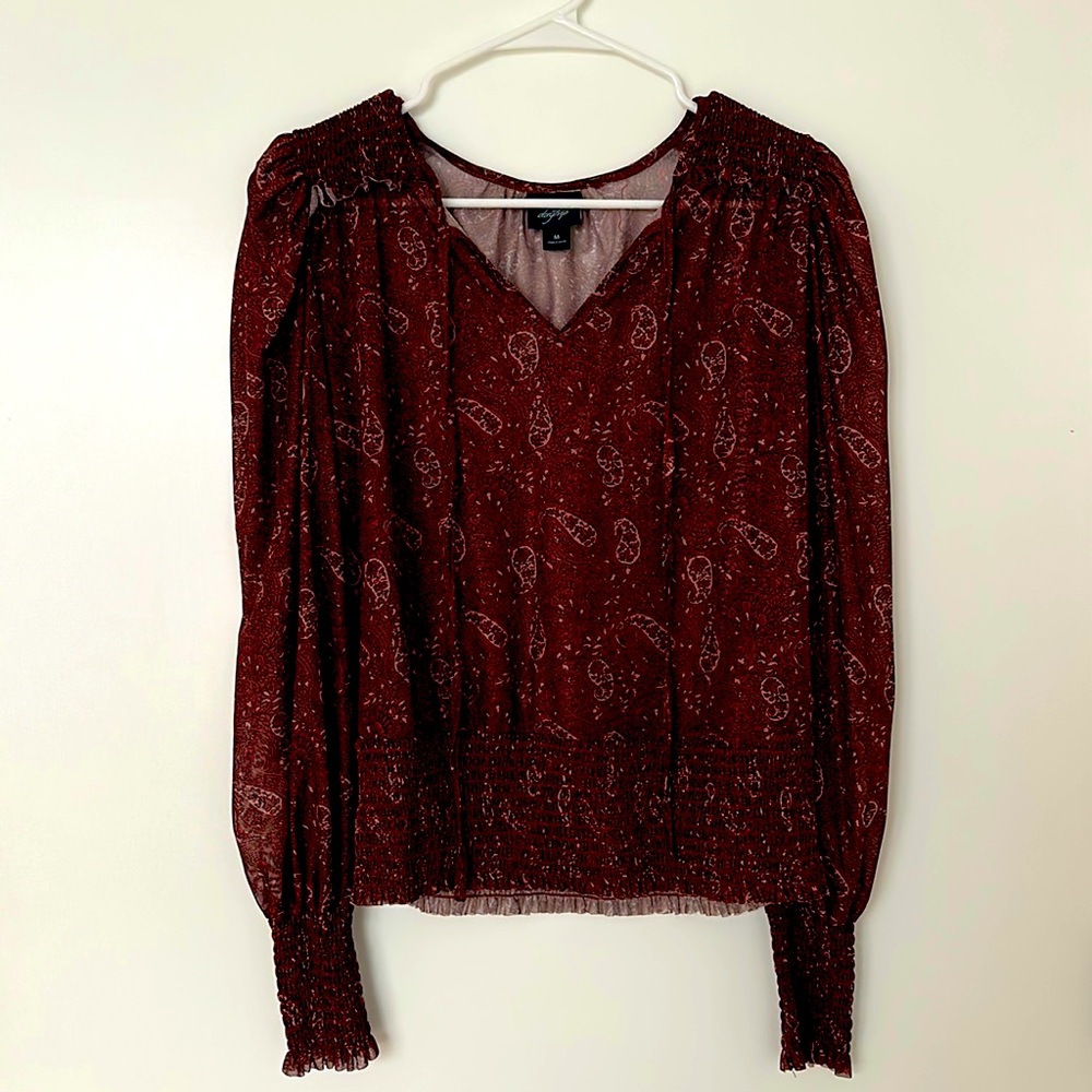 Buckle Maroon Mesh Knit Floral Paisley Print Top